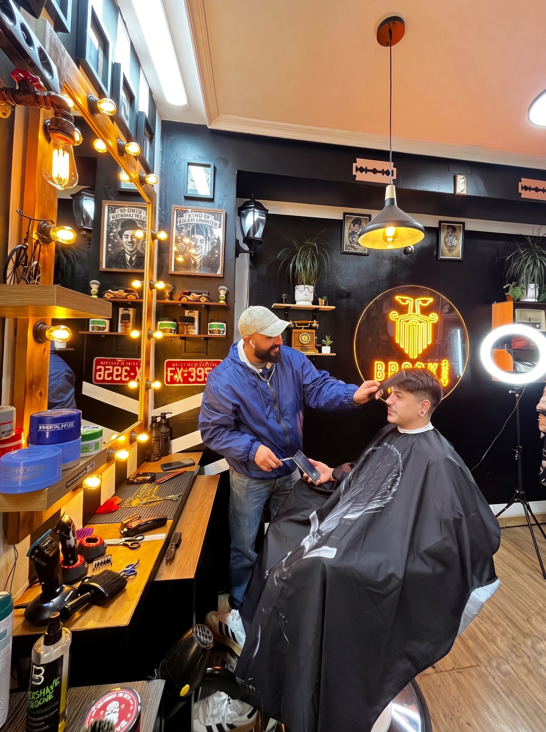 Detalle del interior de Barbería Broski en Carabanchel con sillón de cuero y madera